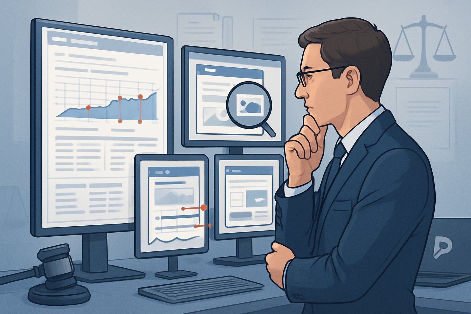 A legal expert examines multiple digital screens showing website snapshots, timelines, and comparison charts to gather visual evidence for a domain dispute case.