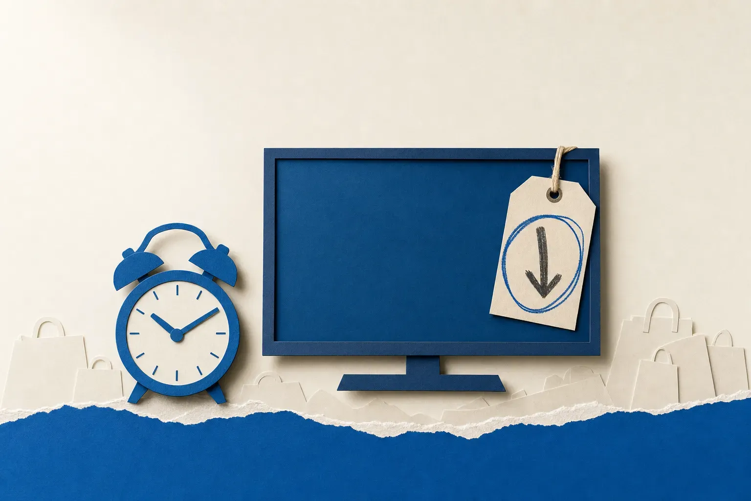 Paper collage of an alarm clock next to a TV with a falling price tag