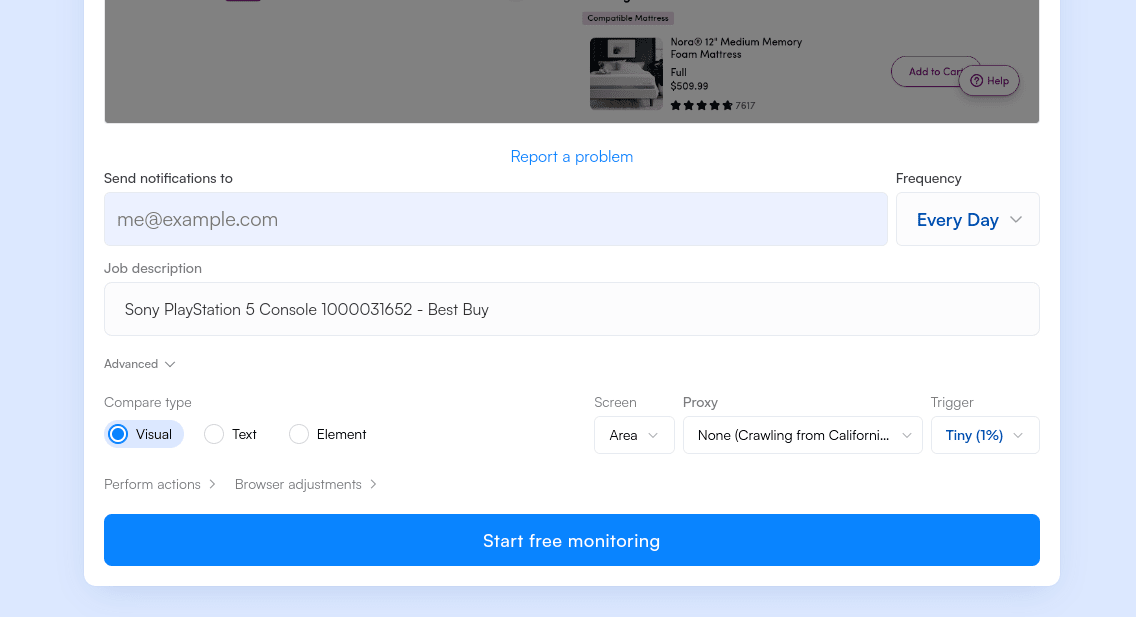 Adjust Frequency and other settings in Visualping to track changes on Wayfair products