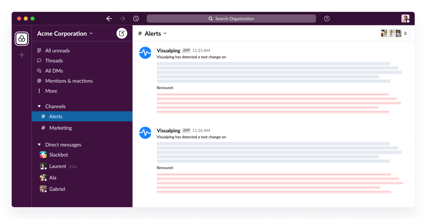 Visualping's new Slack app integration. When Visualping detects a change on a web page you're monitoring, receive an alert in your Slack workspace.