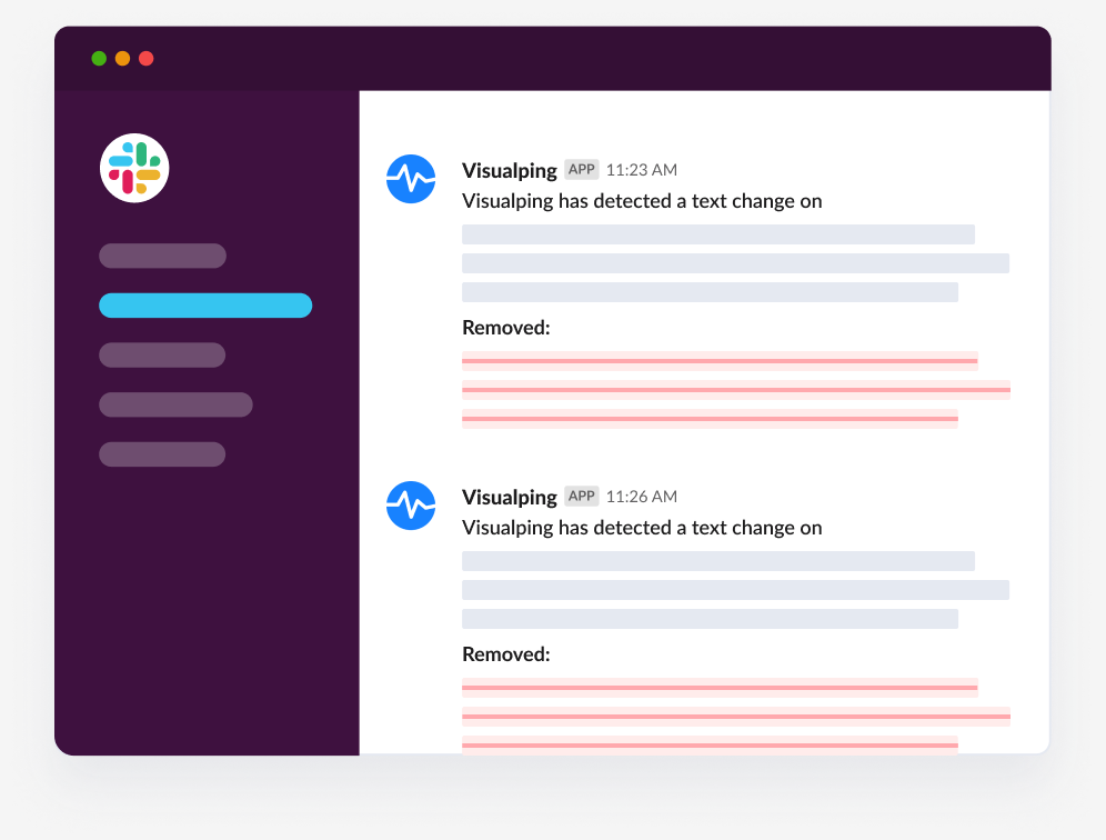 Visualping's new Slack app integration. Easily understand web page change alerts in Slack. Updates are highlighted to easily view, right in your Slack workspace.