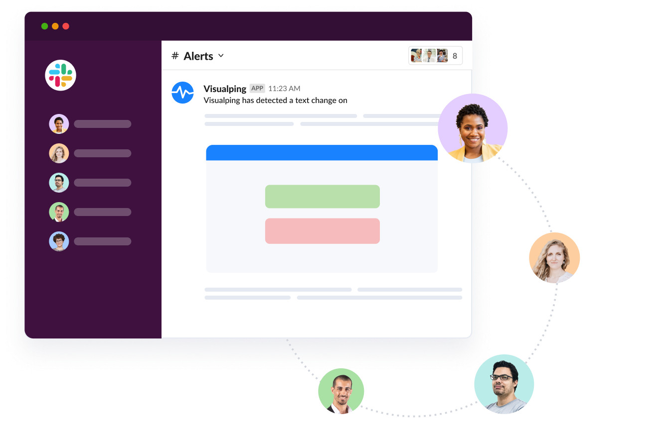 Visualping's new Slack app integration. Collaborate on web page change alerts more easily with your team, by recieving alerts directly in your preferred messaging app.