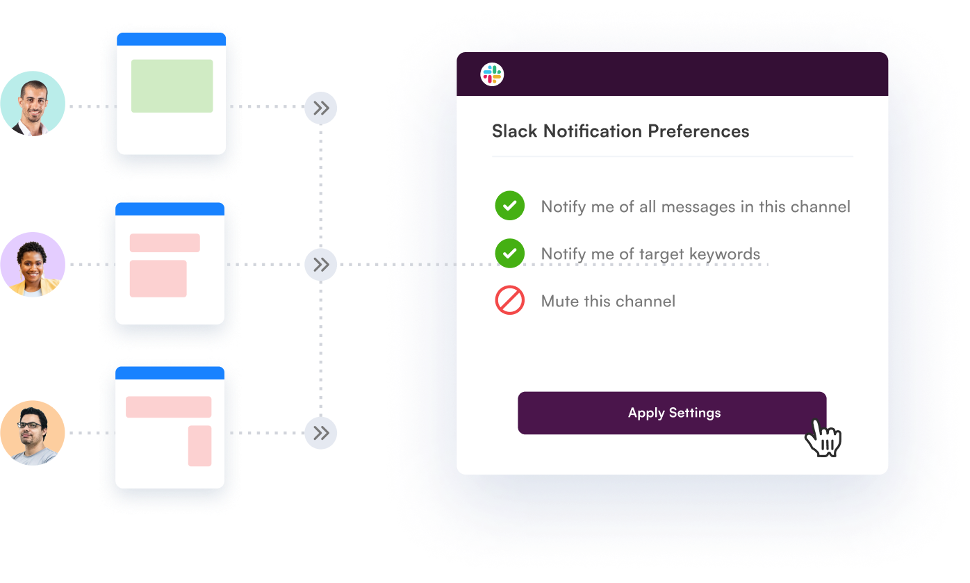With the new Visualping Slack integration, further customize web page change alerts by using Slack's notification preference settings. Get notified of keywords in Slack, turn the volume up for certain channels, or mute others.