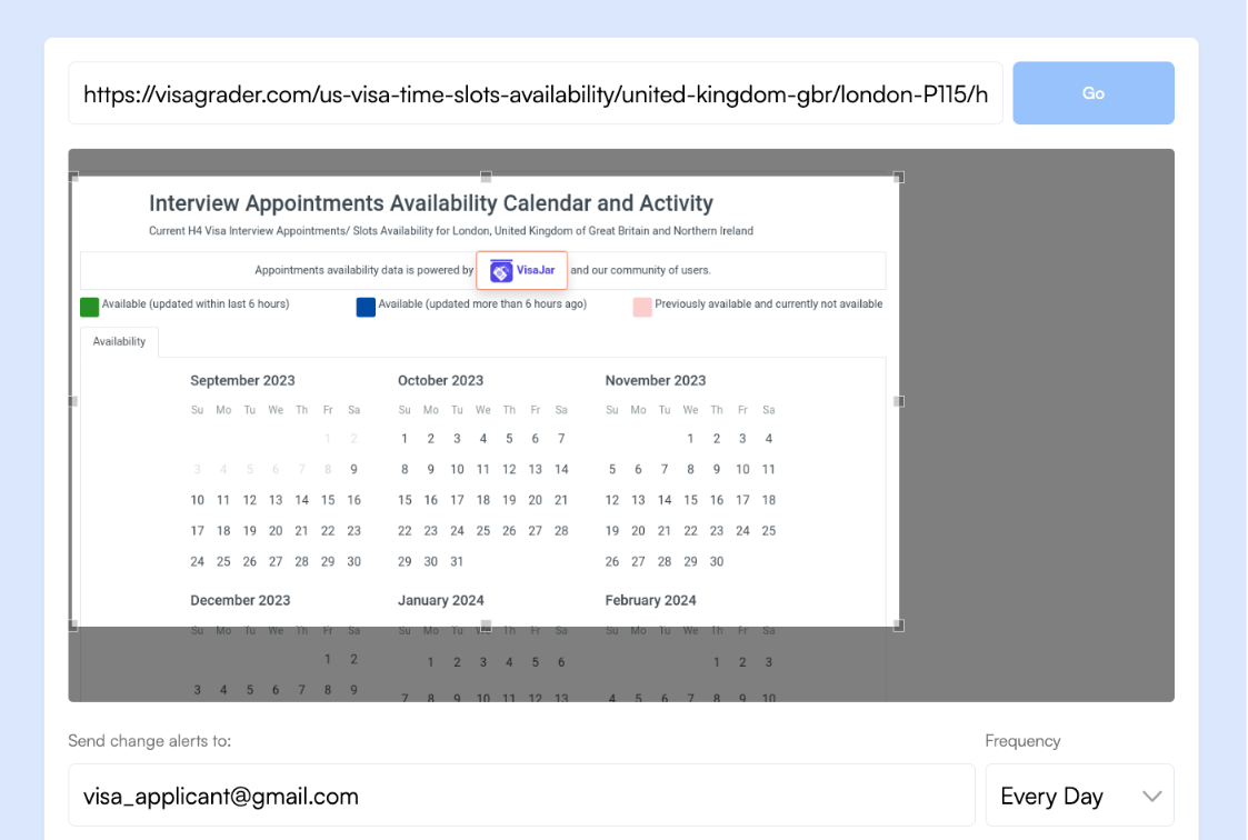 Monitor for visa appointment updates using Visualping