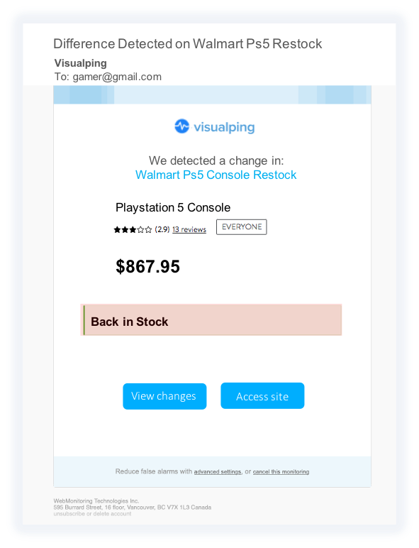PS5 stock alert with Visualping, a stock checker that sends real-time restock alerts when the PS5 becomes available again.
