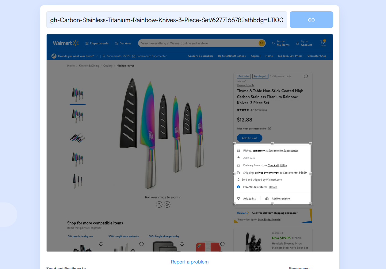 Select the Part of the Page You Want to Monitor on Walmart's website using Visualping