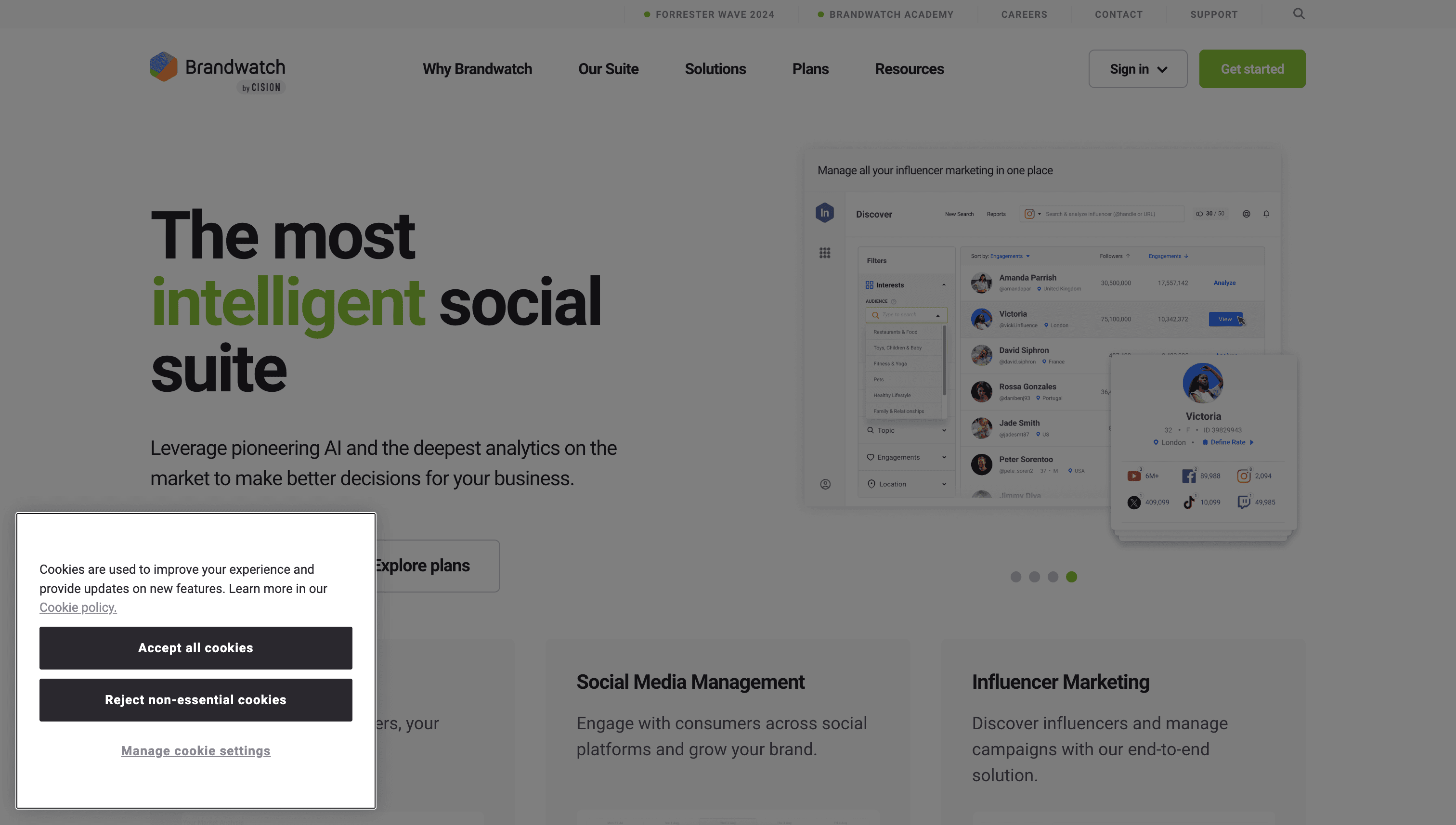 Brandwatch homepage featuring the Forrester Wave 2024 recognition banner