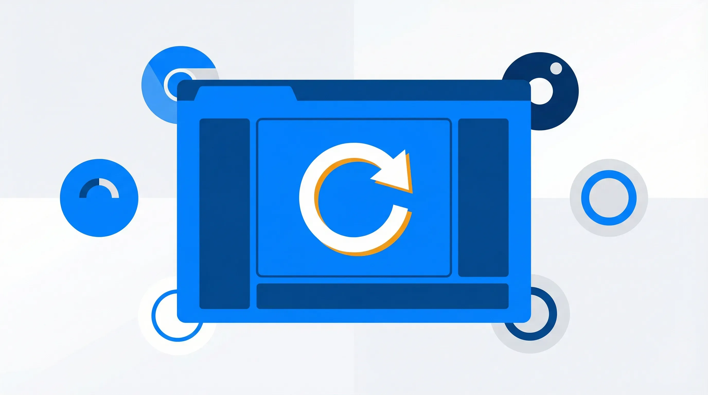 Browser window with refresh arrow surrounded by Chrome Firefox Edge Safari icons