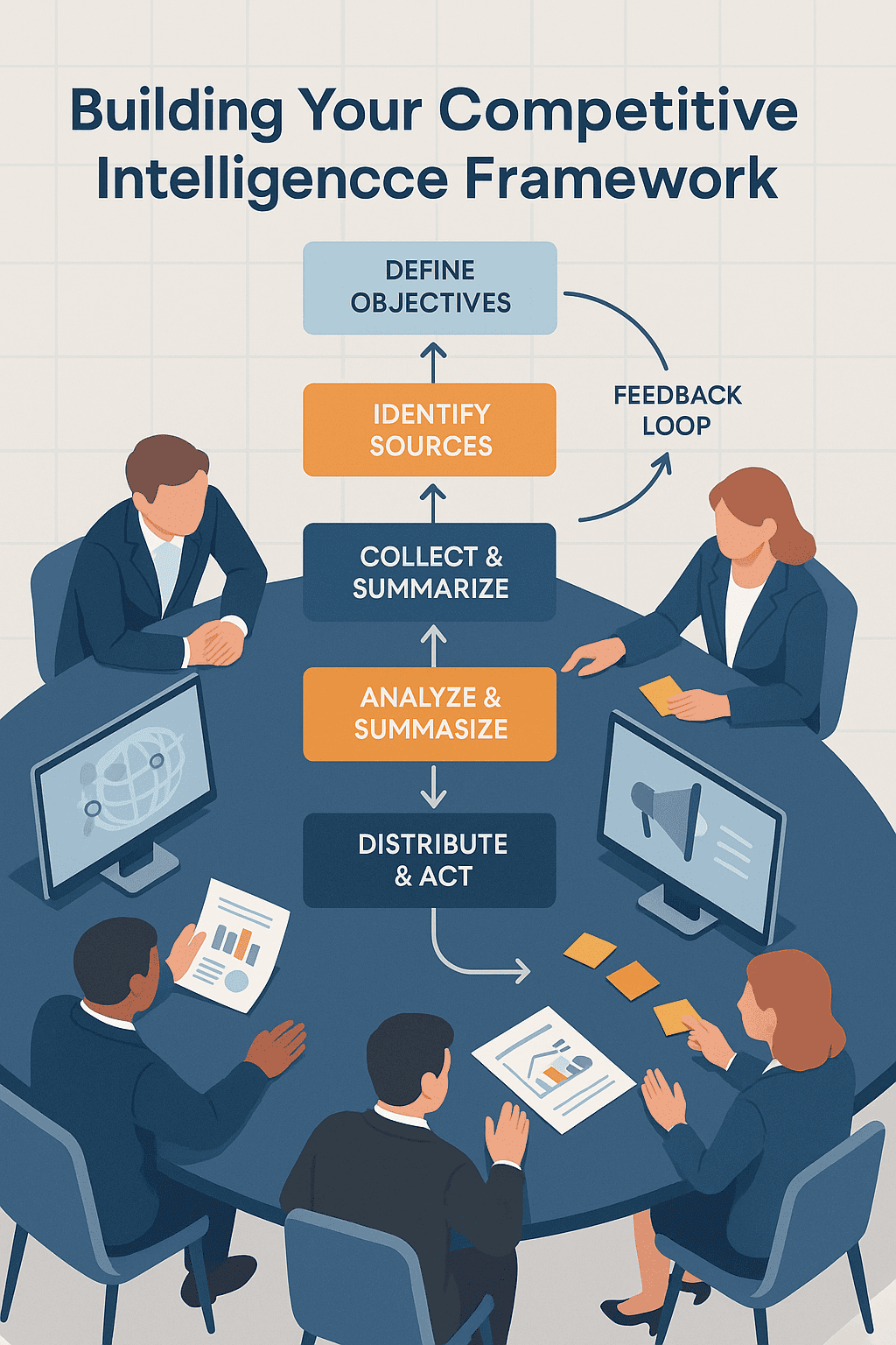 Infographic of a five-step competitive intelligence framework with feedback loop; team collaborates around a table.