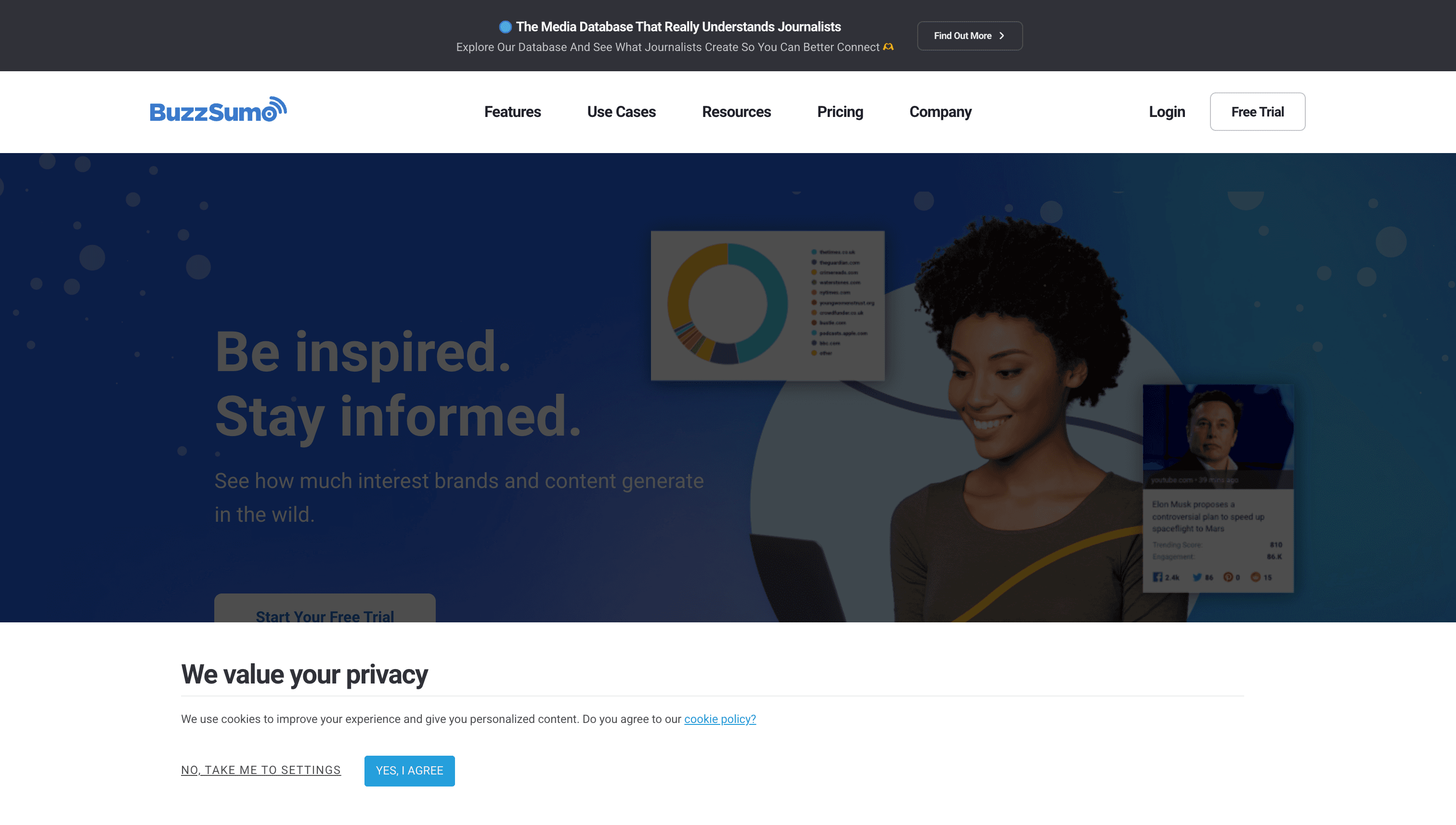 BuzzSumo homepage showing pricing tiers Content Creation, PR and Comms, Suite, and Enterprise