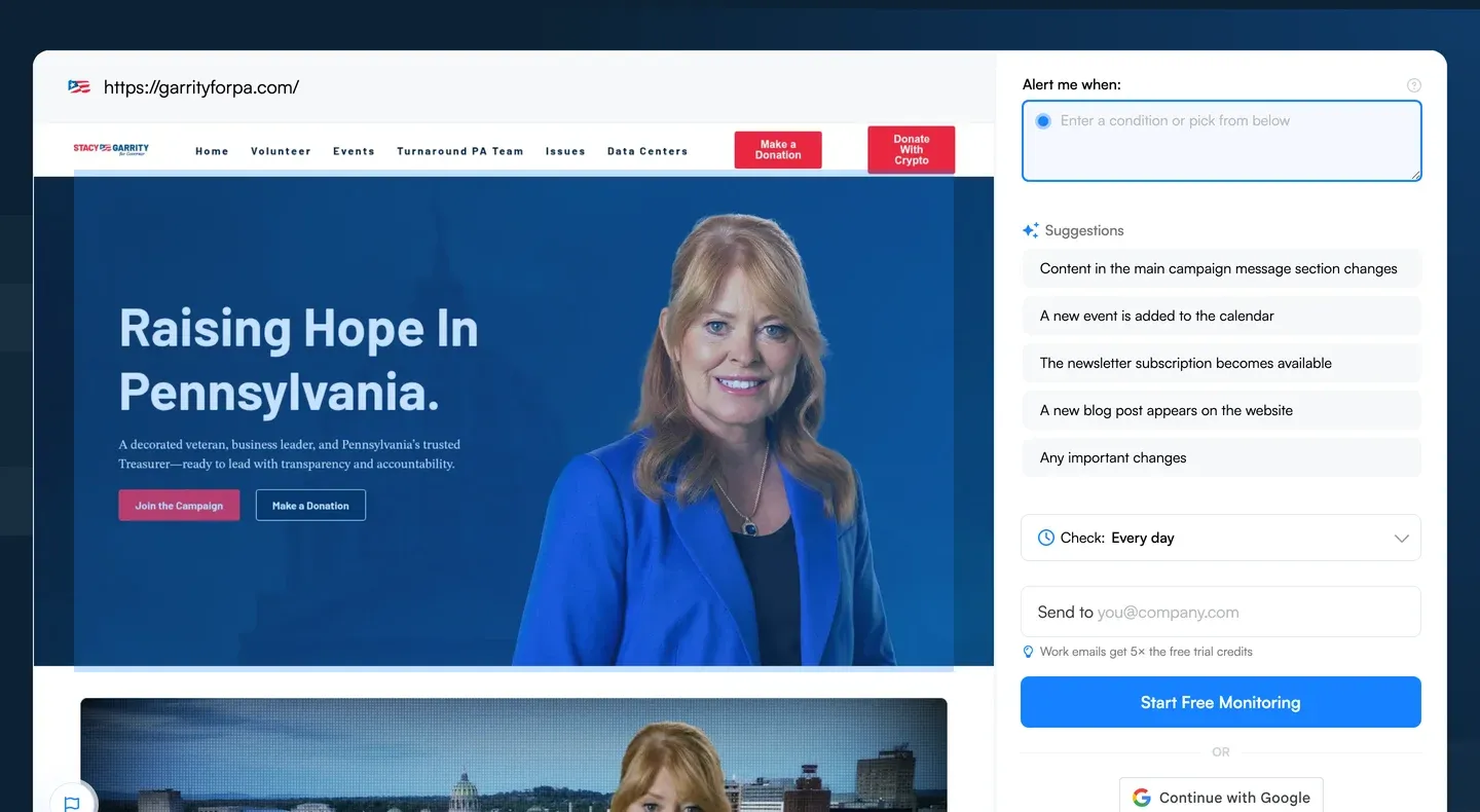 Visualping's monitor setup screen with Stacy Garrity's 2026 campaign homepage loaded