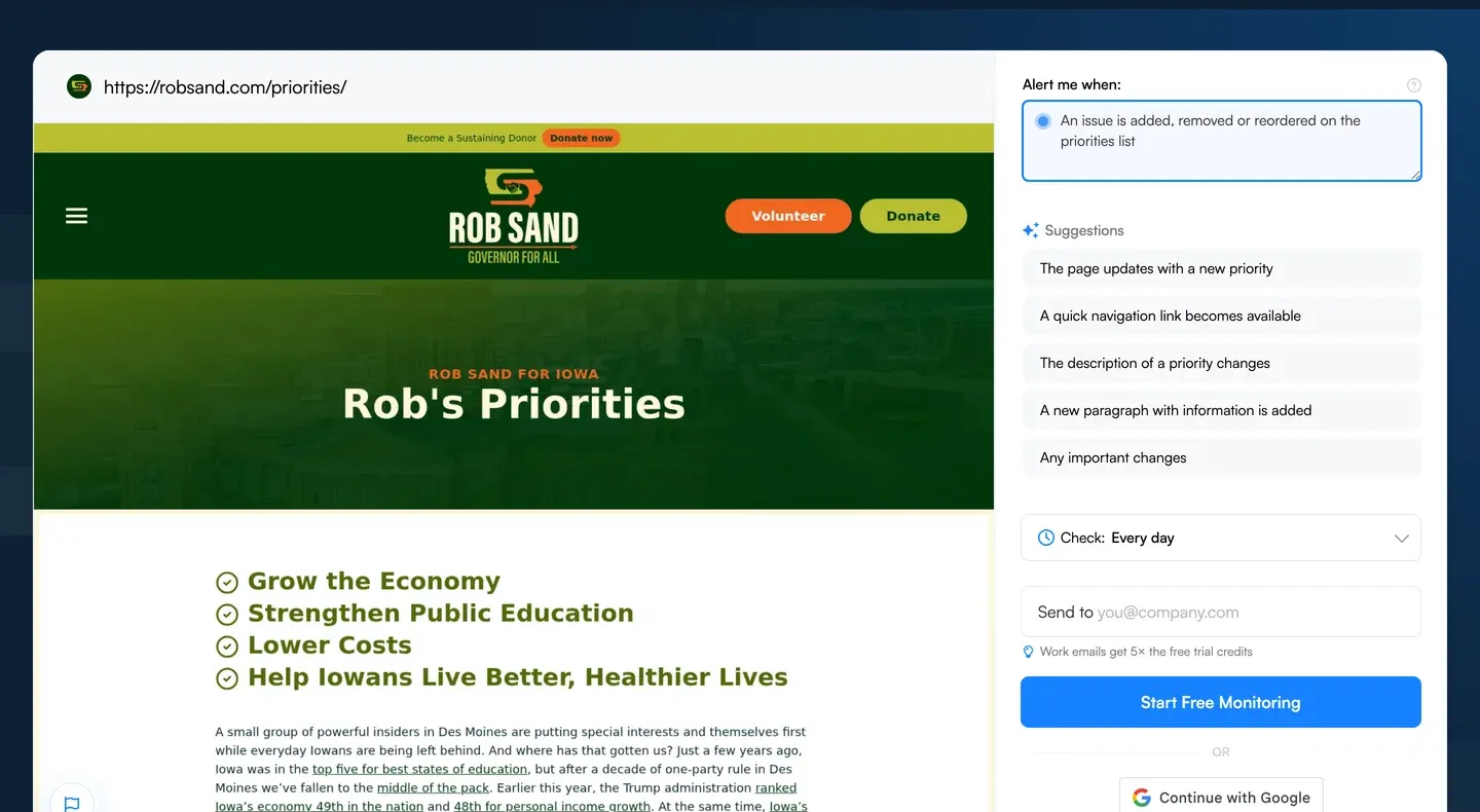 An Alert me when condition set on Rob Sand's 2026 campaign priorities page in Visualping