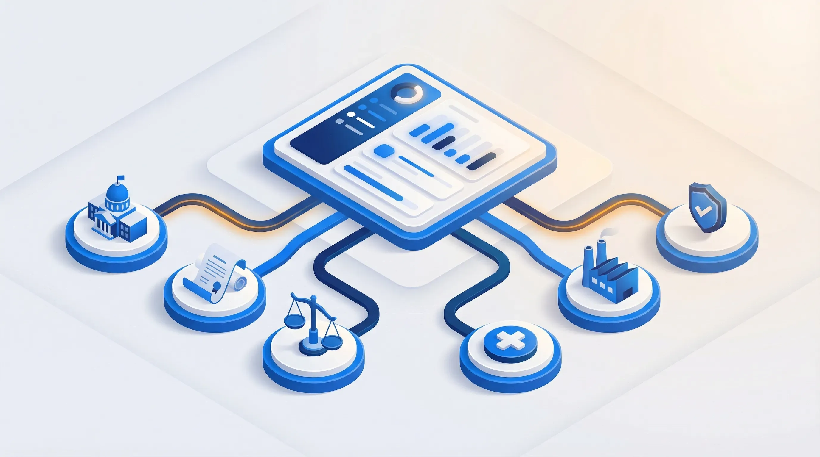 Isometric compliance monitoring hub connecting multiple regulatory data sources