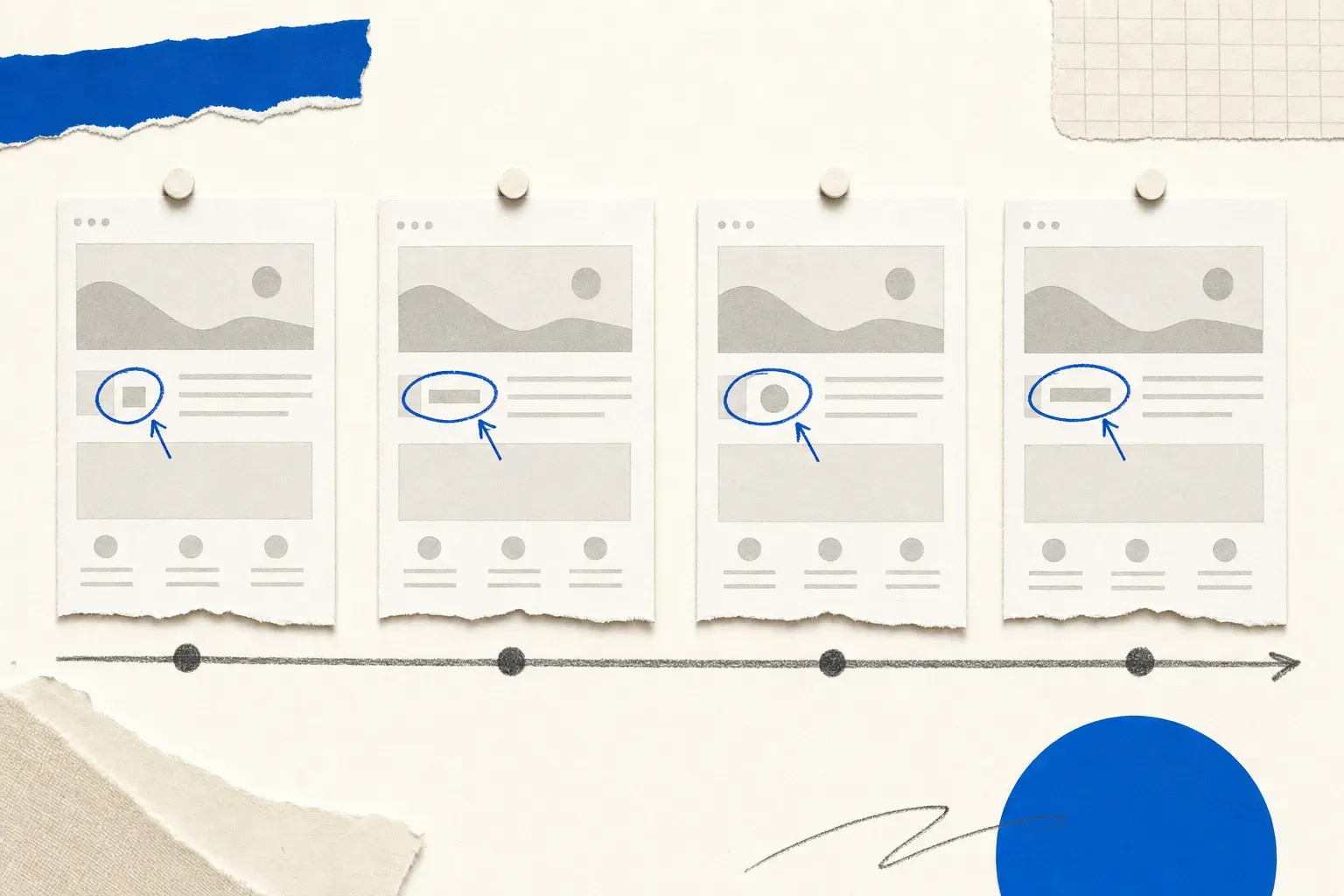 Timeline of webpage snapshots with highlighted changes building a site edit history