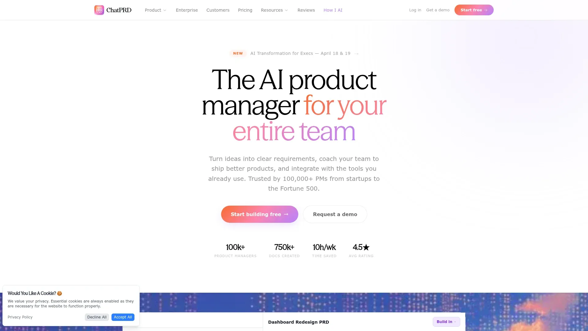 ChatPRD homepage showing AI PRD generation interface for product managers