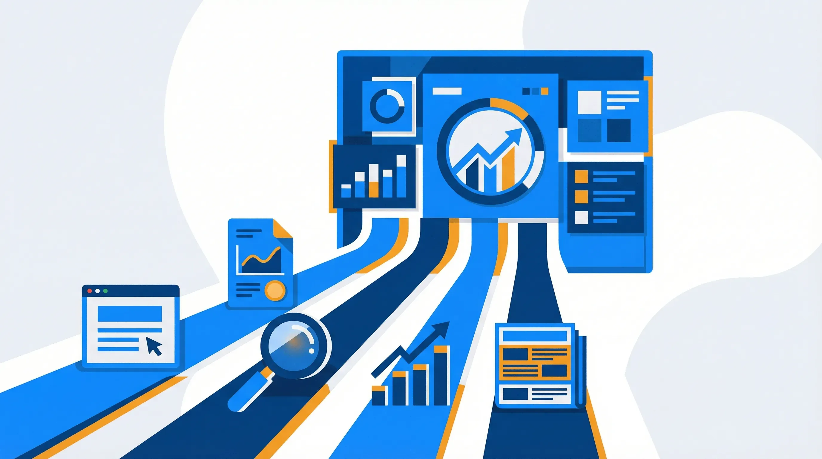 Competitive intelligence data from multiple sources flowing into a central insight dashboard
