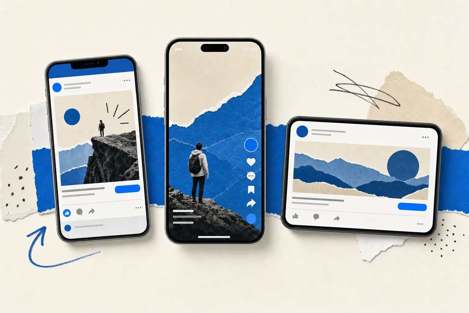 Three stylized mobile ad creatives from different platforms side by side