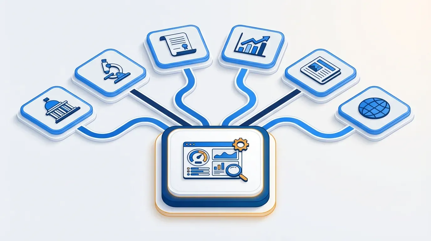 Connected network of clinical trial news sources feeding a central monitoring hub