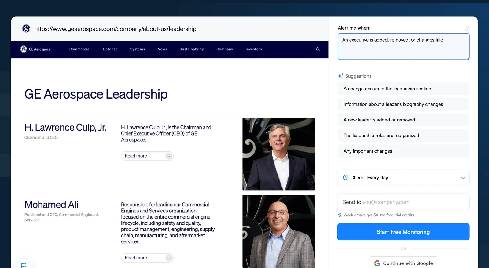 Visualping monitor setup on the GE Aerospace leadership page with an Alert me when condition for executive changes