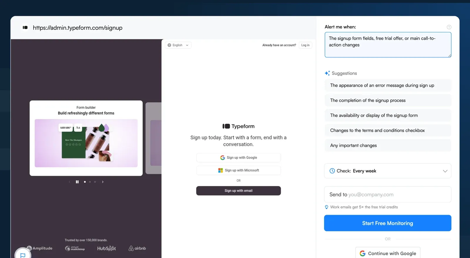 Visualping monitor setup on the Typeform signup page watching form fields and the call-to-action