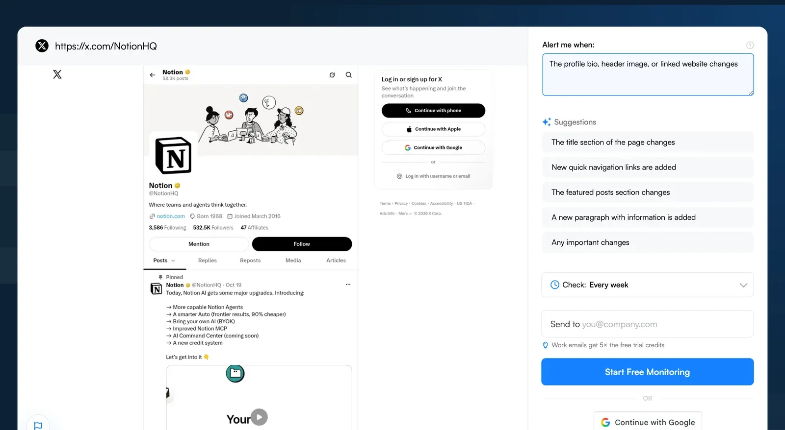 Visualping monitor setup on a competitor X profile watching bio and header changes
