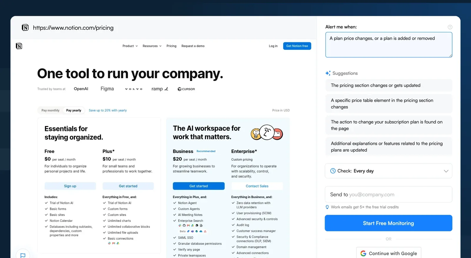 Visualping monitor setup on the Notion pricing page with an Alert me when condition for plan price changes