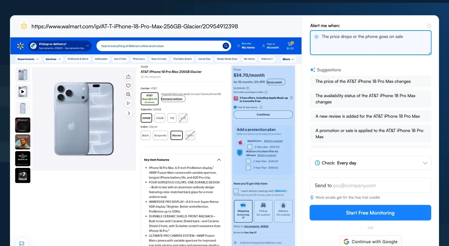 Visualping setup screen with a competitor product page and a price-drop alert condition
