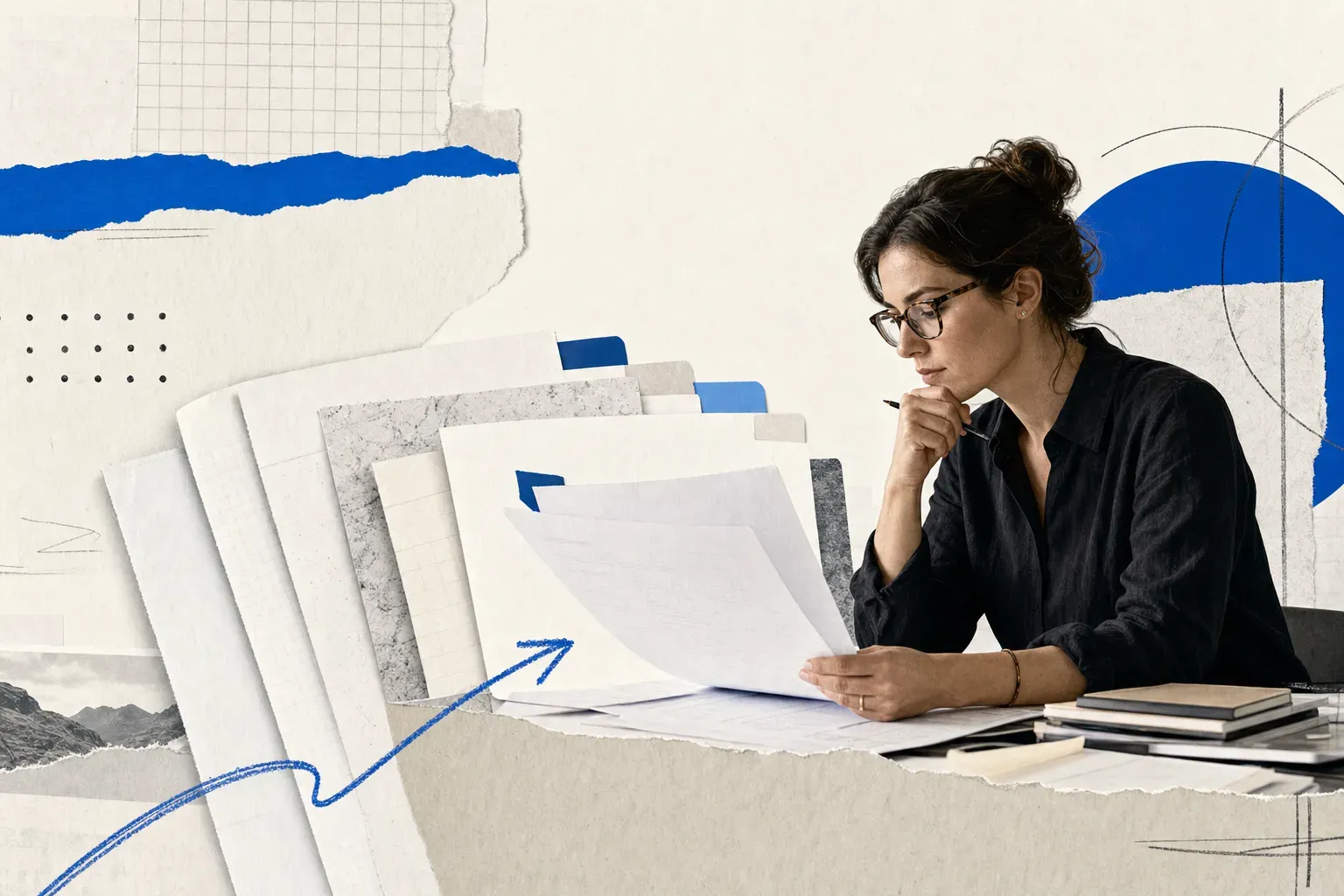 Compliance analyst reviewing layered regulatory documents and FCA page types