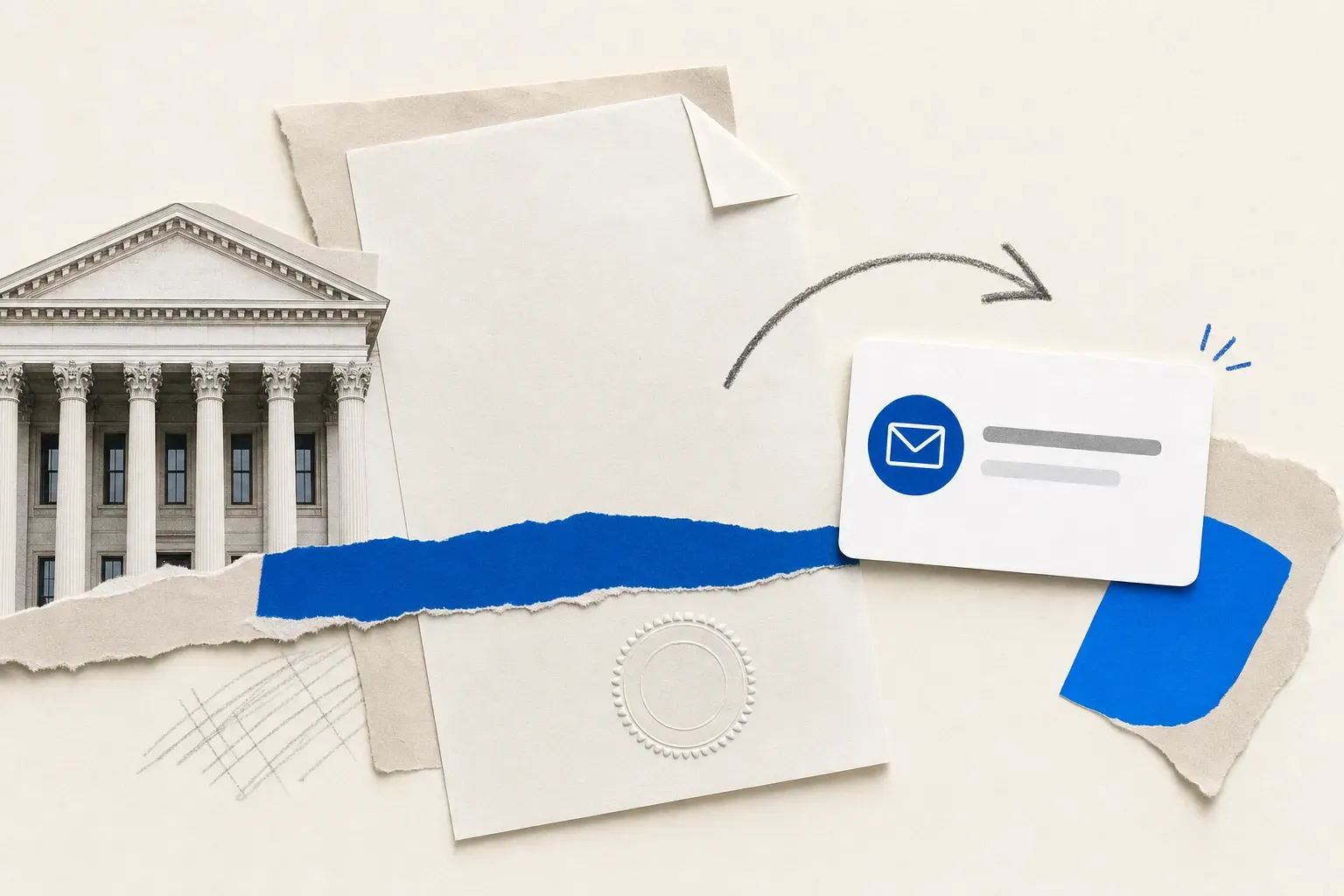 Government contract award alert email beside a sealed federal contract and government building collage