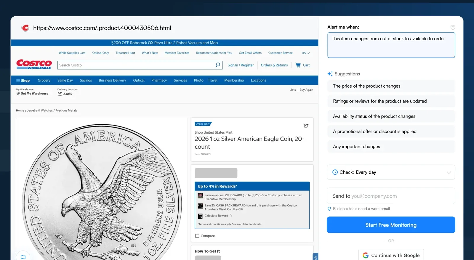 Costco product page preview in Visualping with a restock alert condition and AI suggestions