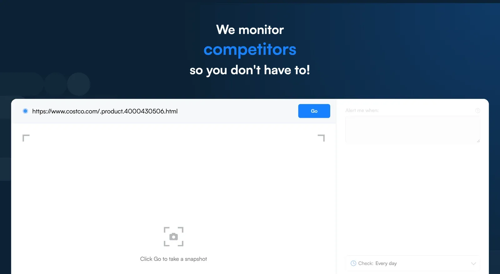Costco product URL pasted into the Visualping homepage URL input