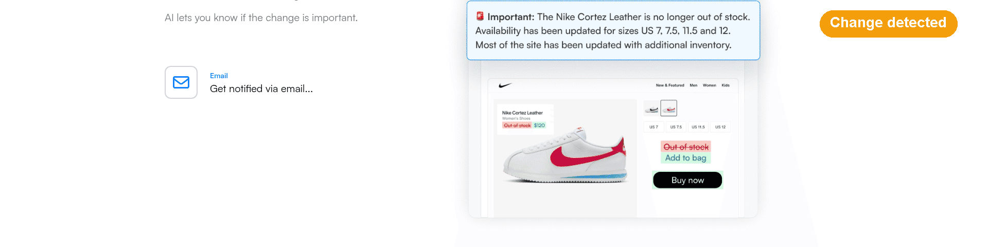 Visualping homepage showing the page-monitoring input flow with a 'Change detected' alert overlay
