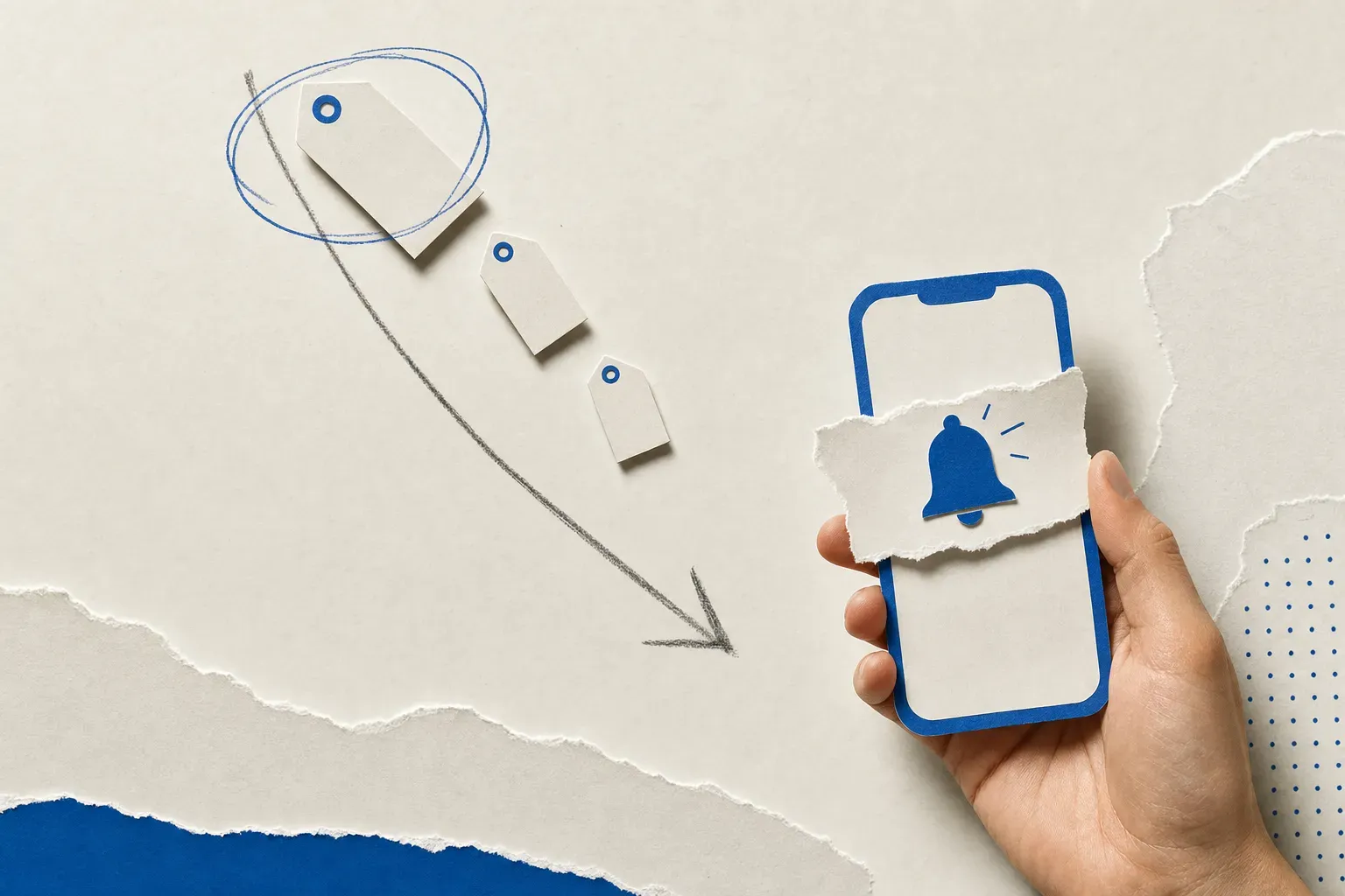 Cut-paper collage of falling price tags and a phone getting a deal alert