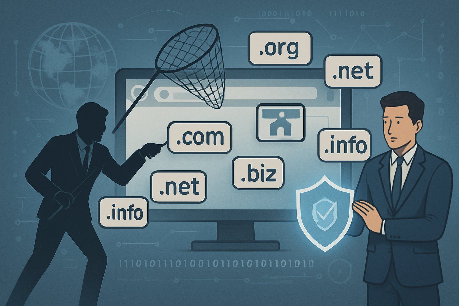 [A digital scene showing a person trying to capture domain name tags while another person protects a domain with a shield on a computer screen.