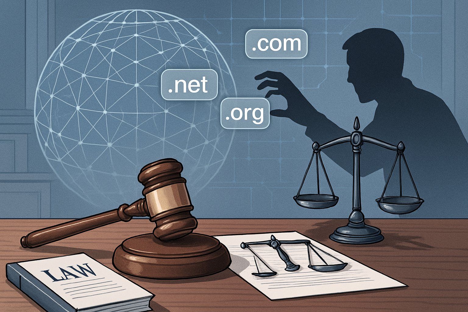 A courtroom scene showing a gavel, scales of justice, and legal documents with a digital network globe and a shadowy figure reaching for domain icons representing cybersquatting.