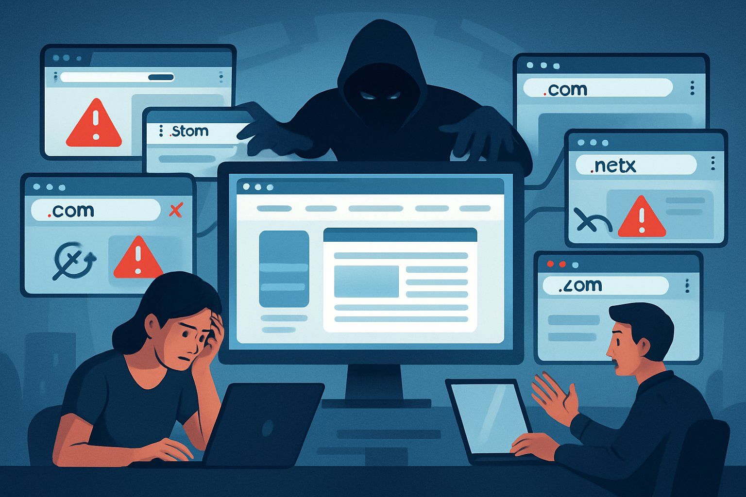 Illustration showing different types of domain cybersquatting with people registering misspelled domains, holding brand-like domains, interconnected inactive domains, and selling domains at high prices around a central computer screen.