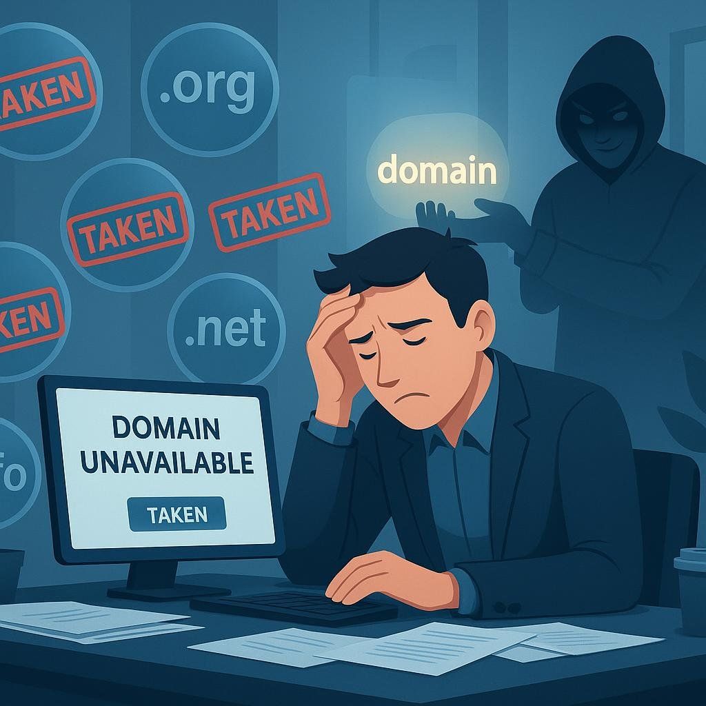 Frustrated user trying to acquire a domain with a similar name to theirs but encountering a cybersquatter who has laid claim to the domain.
