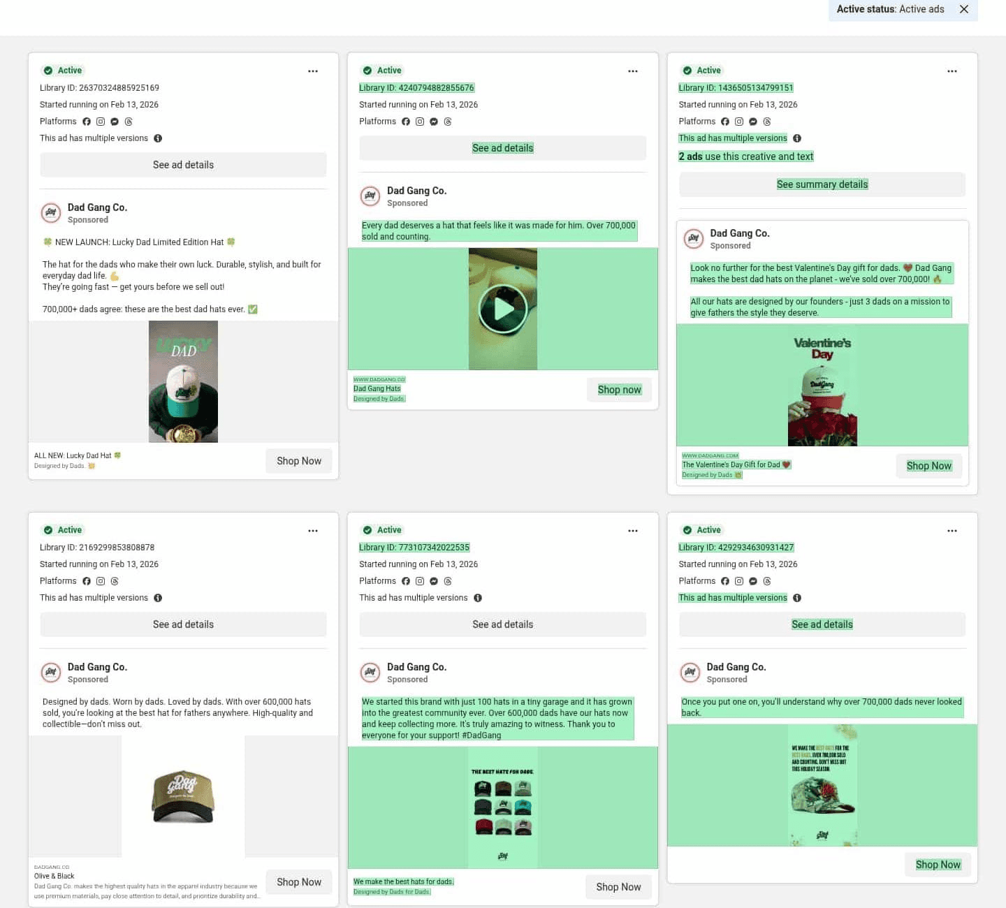 A real Visualping alert diff of Dad Gang's Meta Ad Library page with newly launched ads highlighted in green