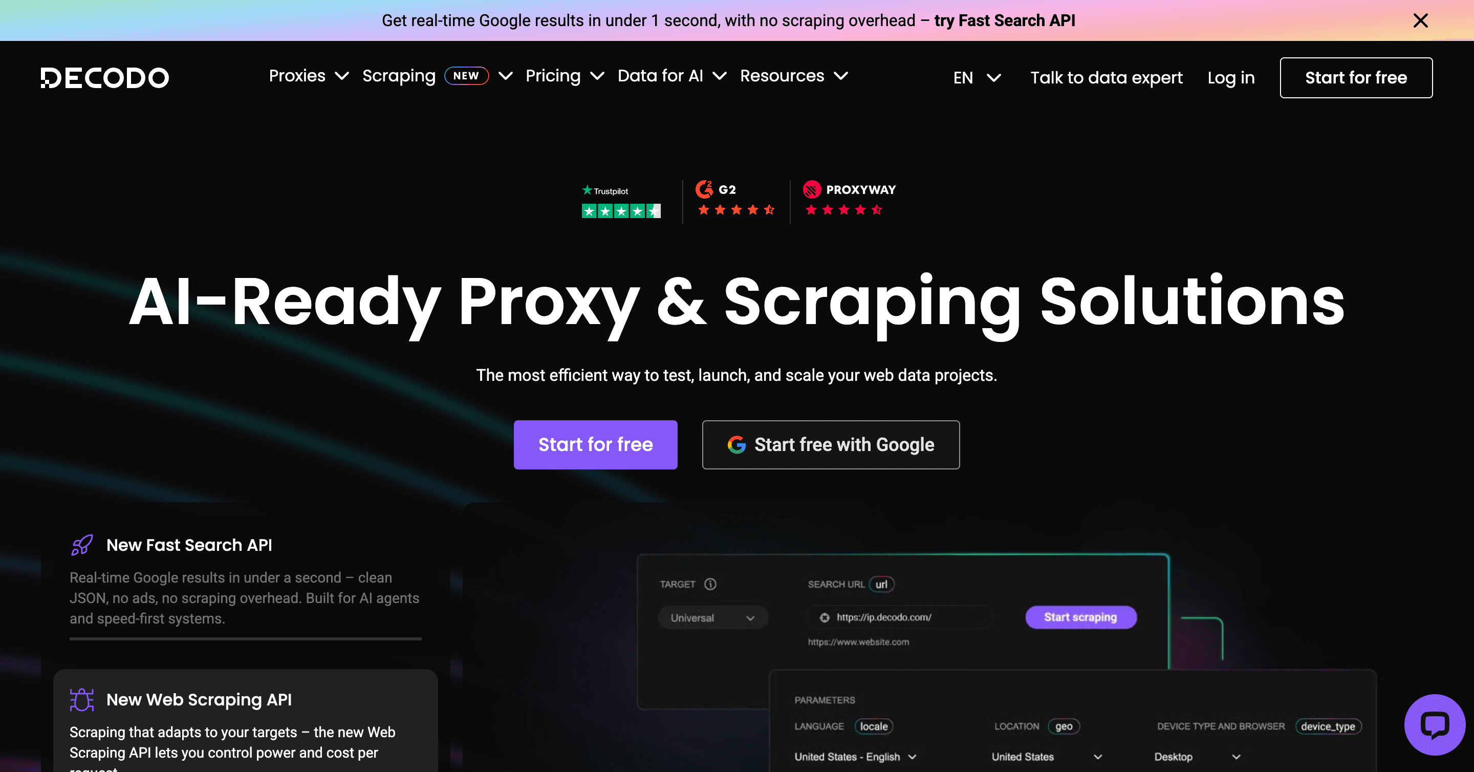 Decodo homepage, the proxy and scraping platform formerly known as Smartproxy