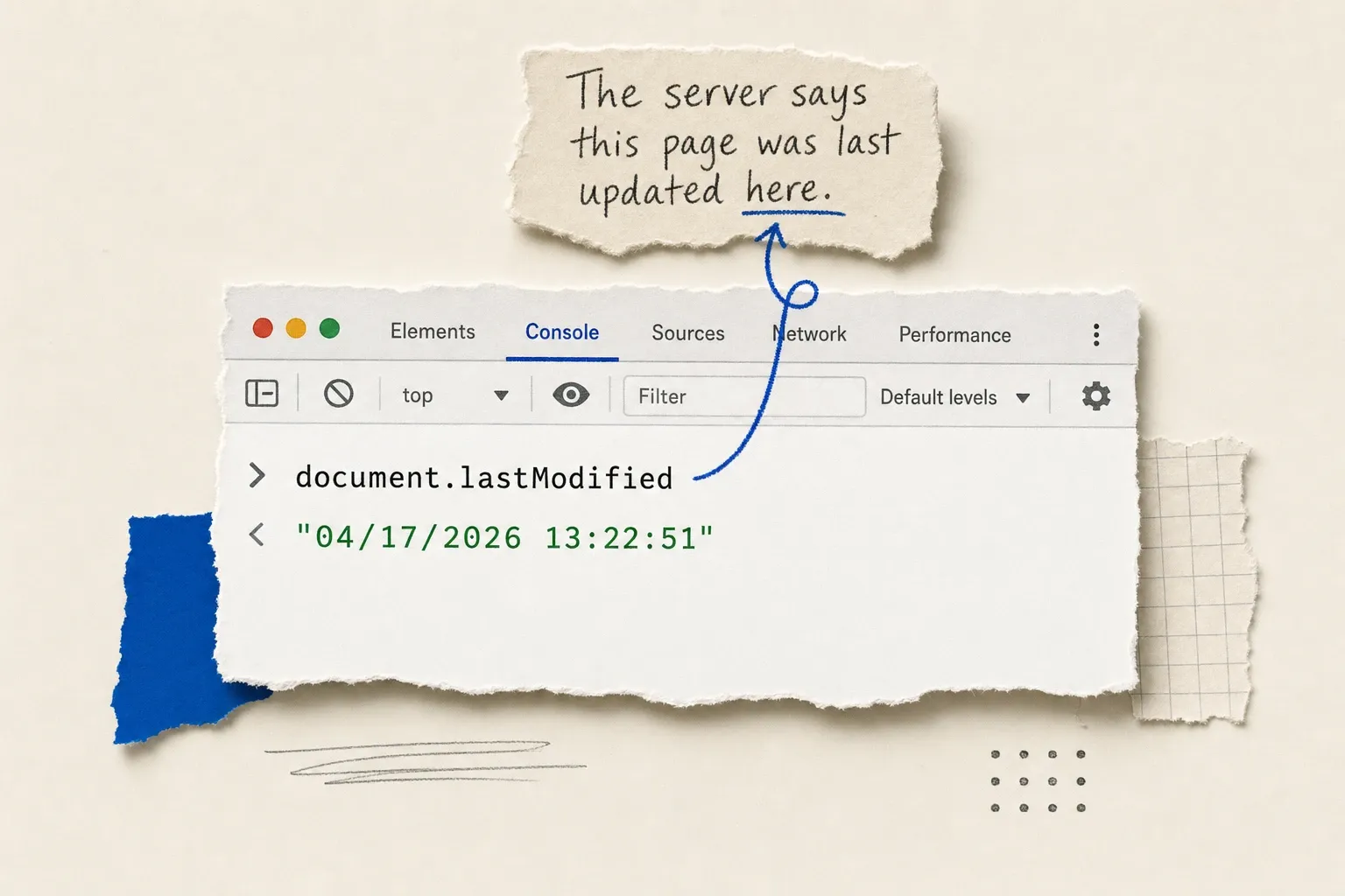 Browser DevTools console showing document.lastModified expression returning a date