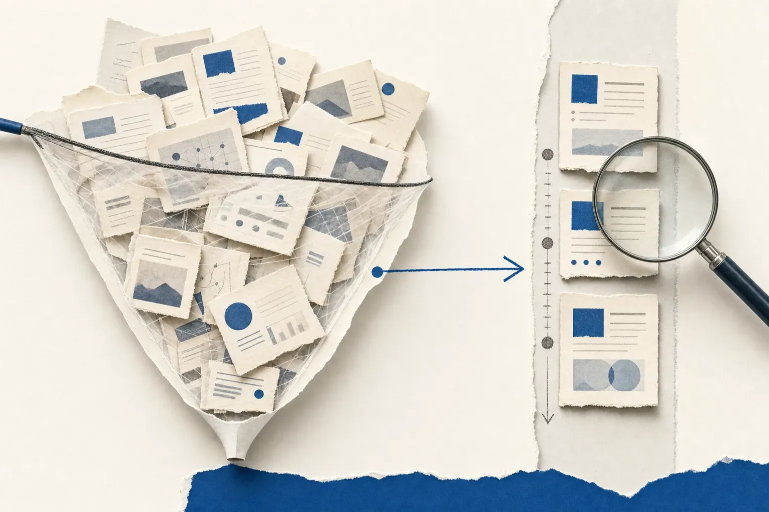 Editorial diagram contrasting a wide discovery funnel of overlapping web cards with a narrow precision column of three stacked cards under a magnifying lens