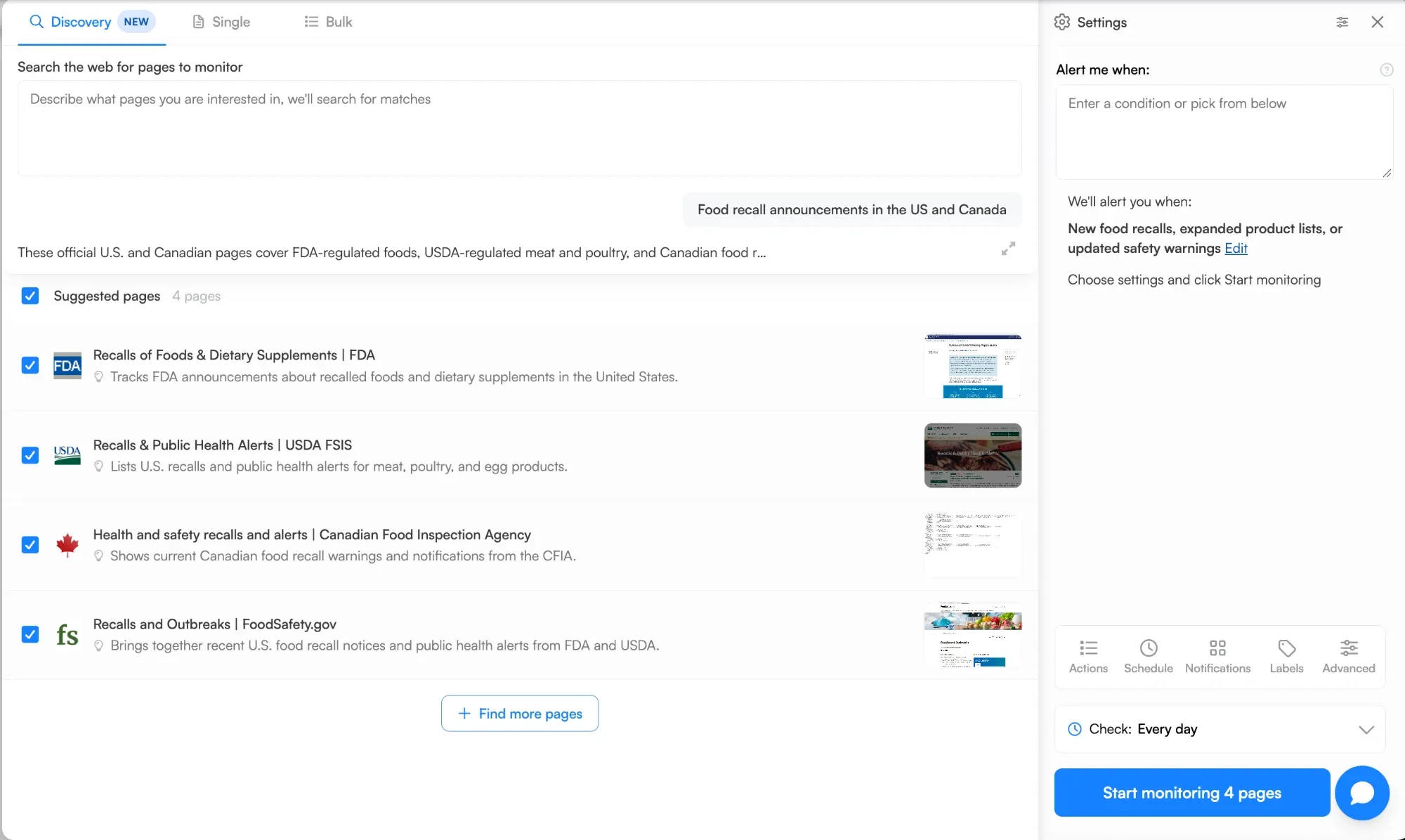 Discovery suggested pages, all ticked, with the Start monitoring 4 pages button