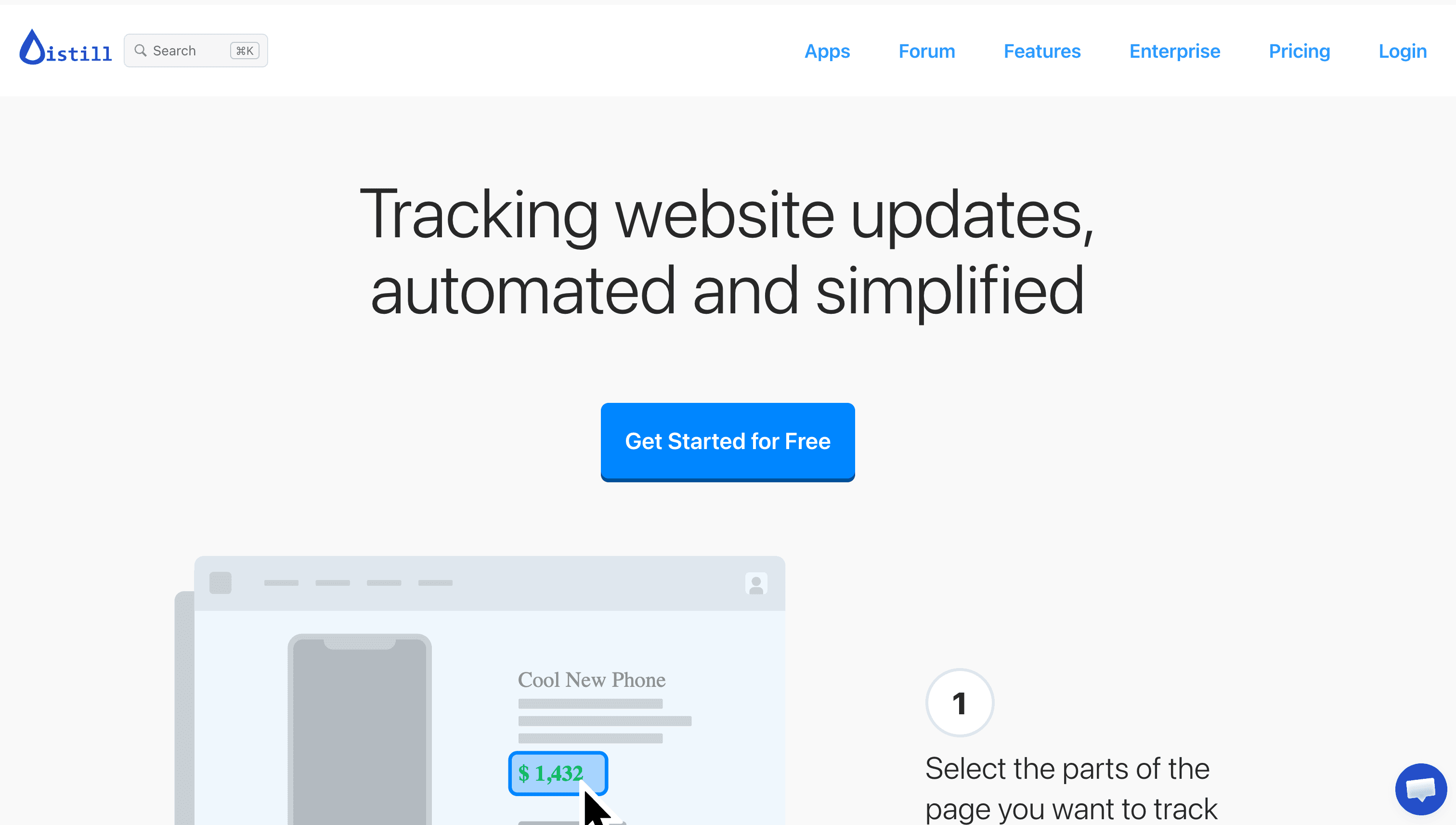 Distill homepage showing tracking website updates automated and simplified
