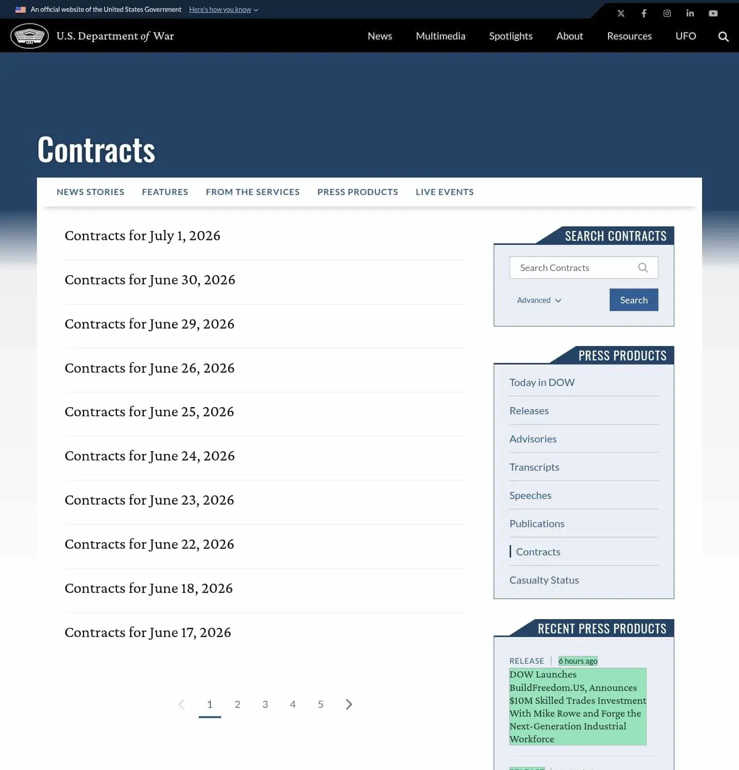 A Visualping diff of the DoD contracts page where a sidebar press release change was detected and marked not important