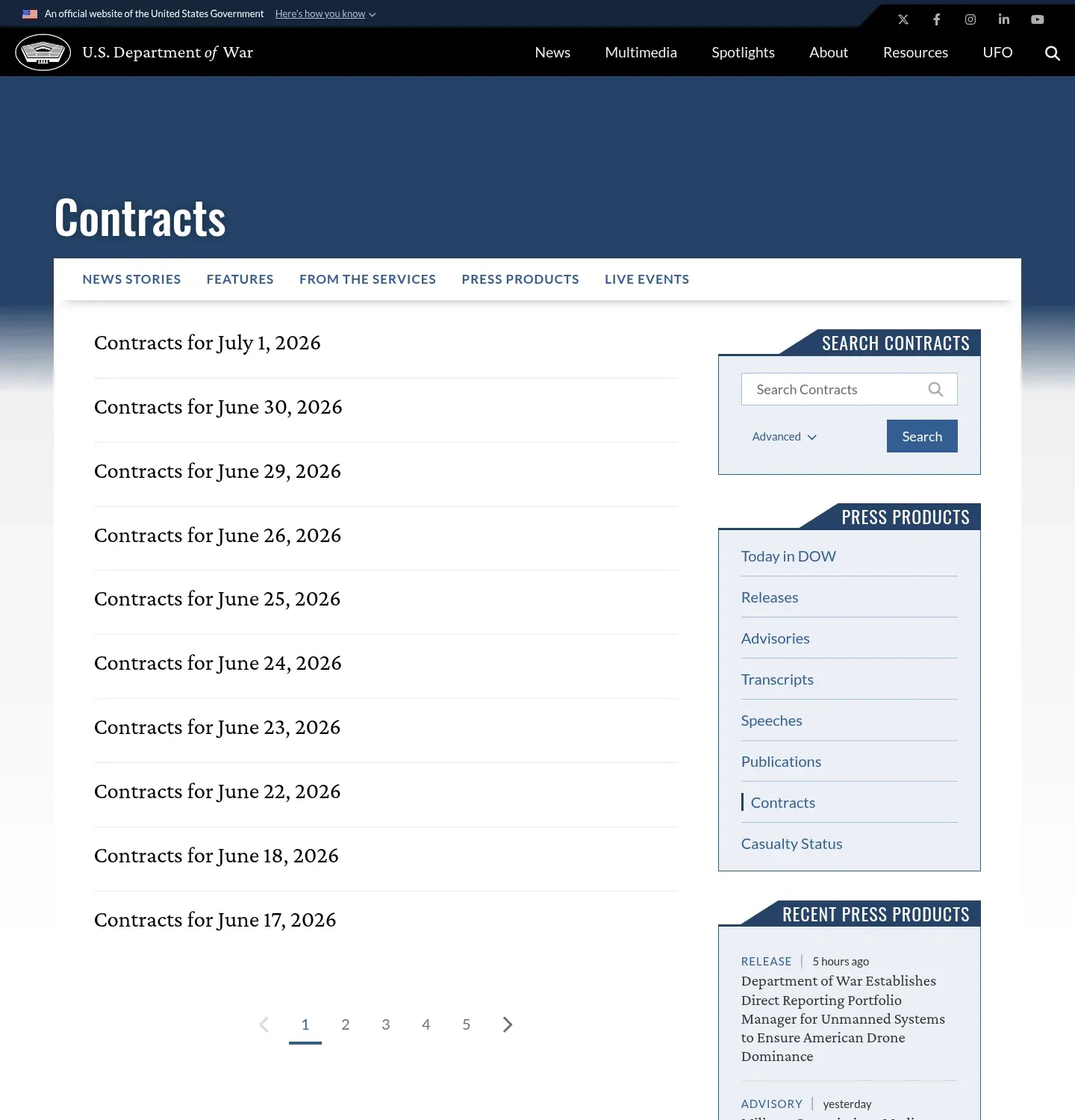 The Department of War daily contracts page captured by a Visualping monitor, showing dated contract entries