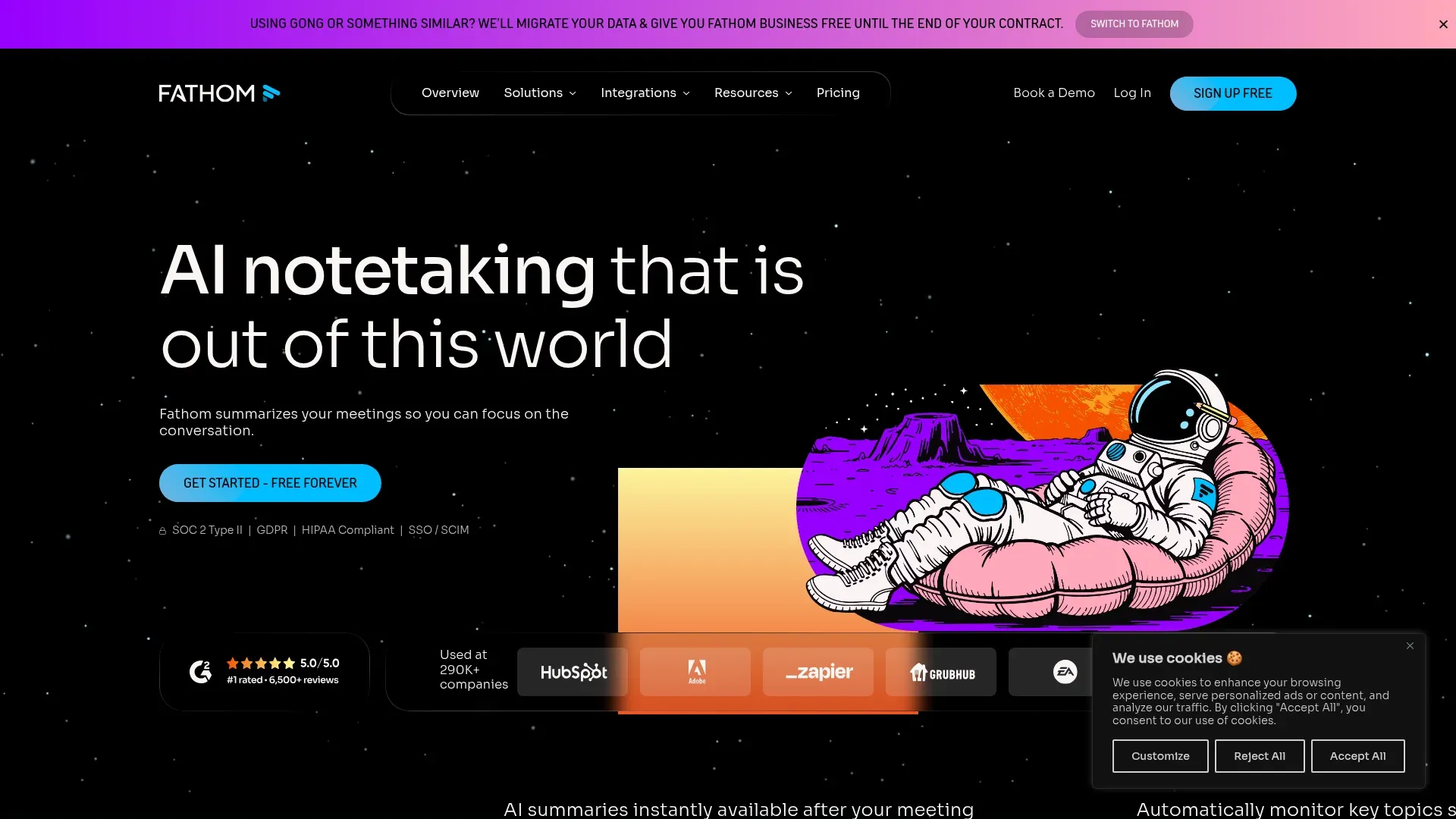 Fathom homepage showing AI meeting transcription and action item capture