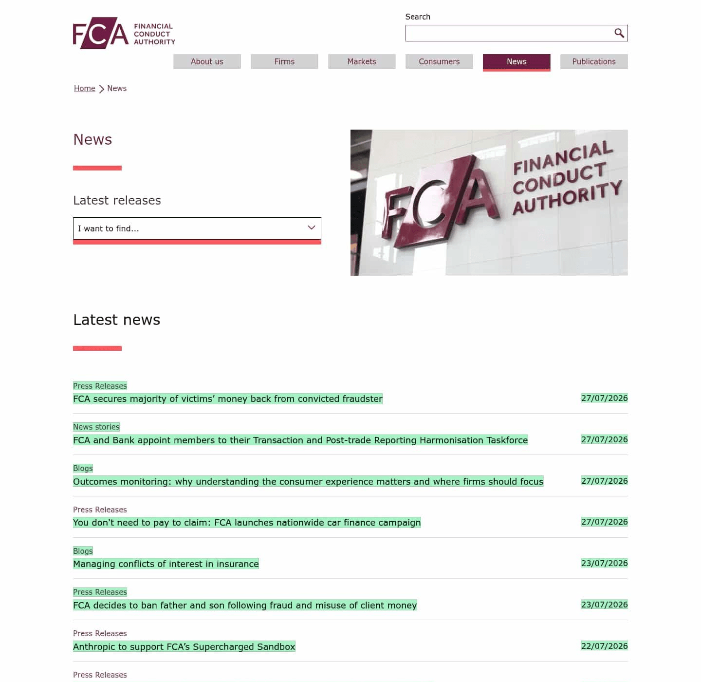 A timestamped Visualping capture of the FCA news page with newly added items highlighted in green