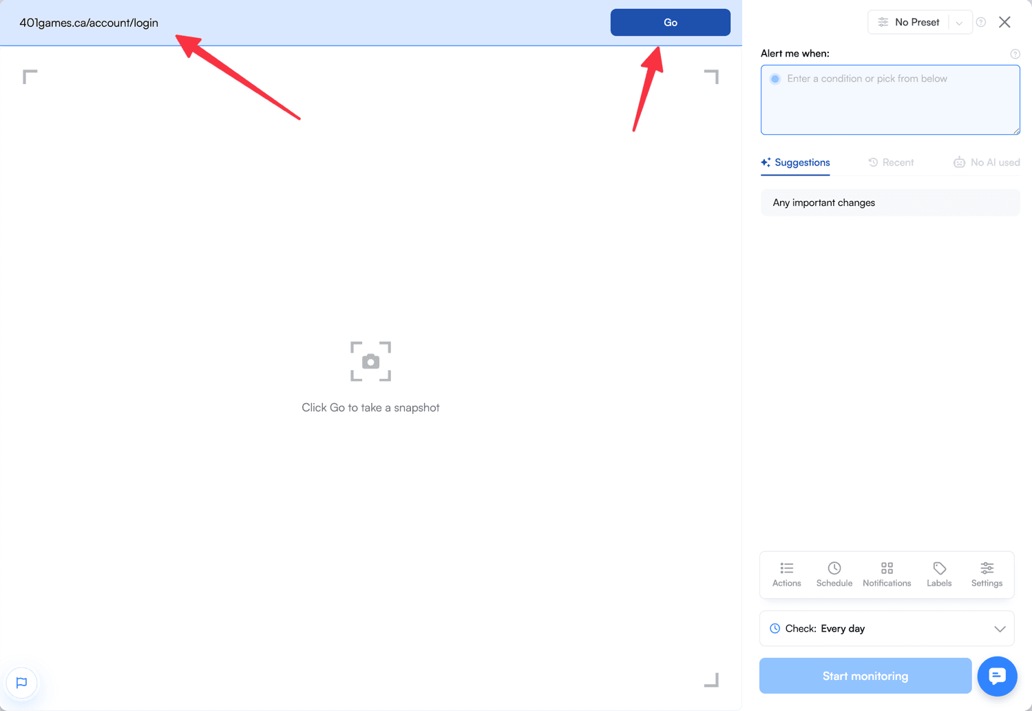 The Visualping monitor builder with a store account URL entered and the Go button highlighted