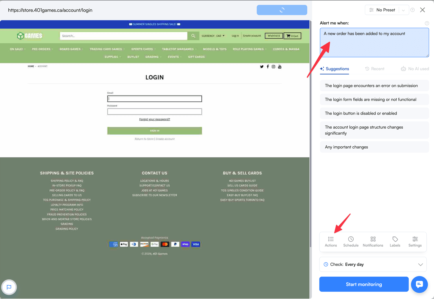 Visualping Actions configuring a login before each check