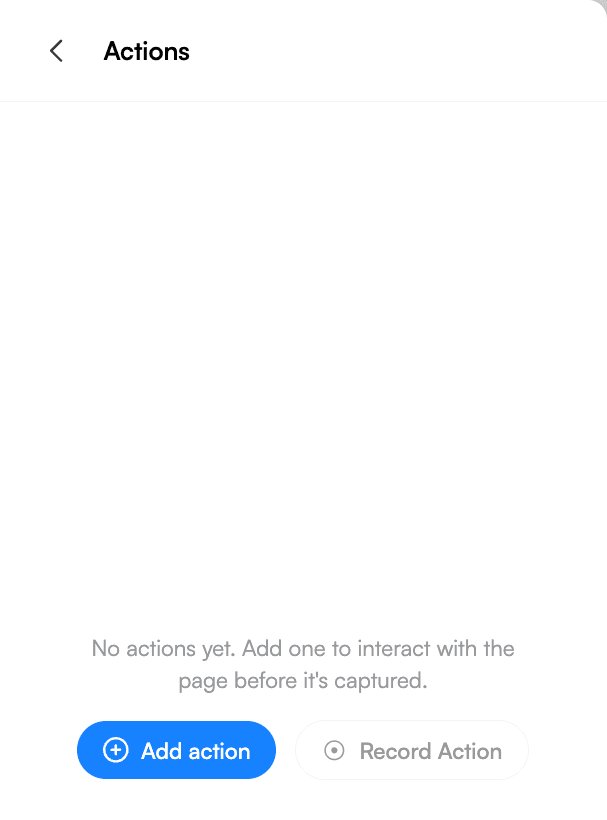 The Actions panel before any actions are added, with the Add action and Record Action buttons